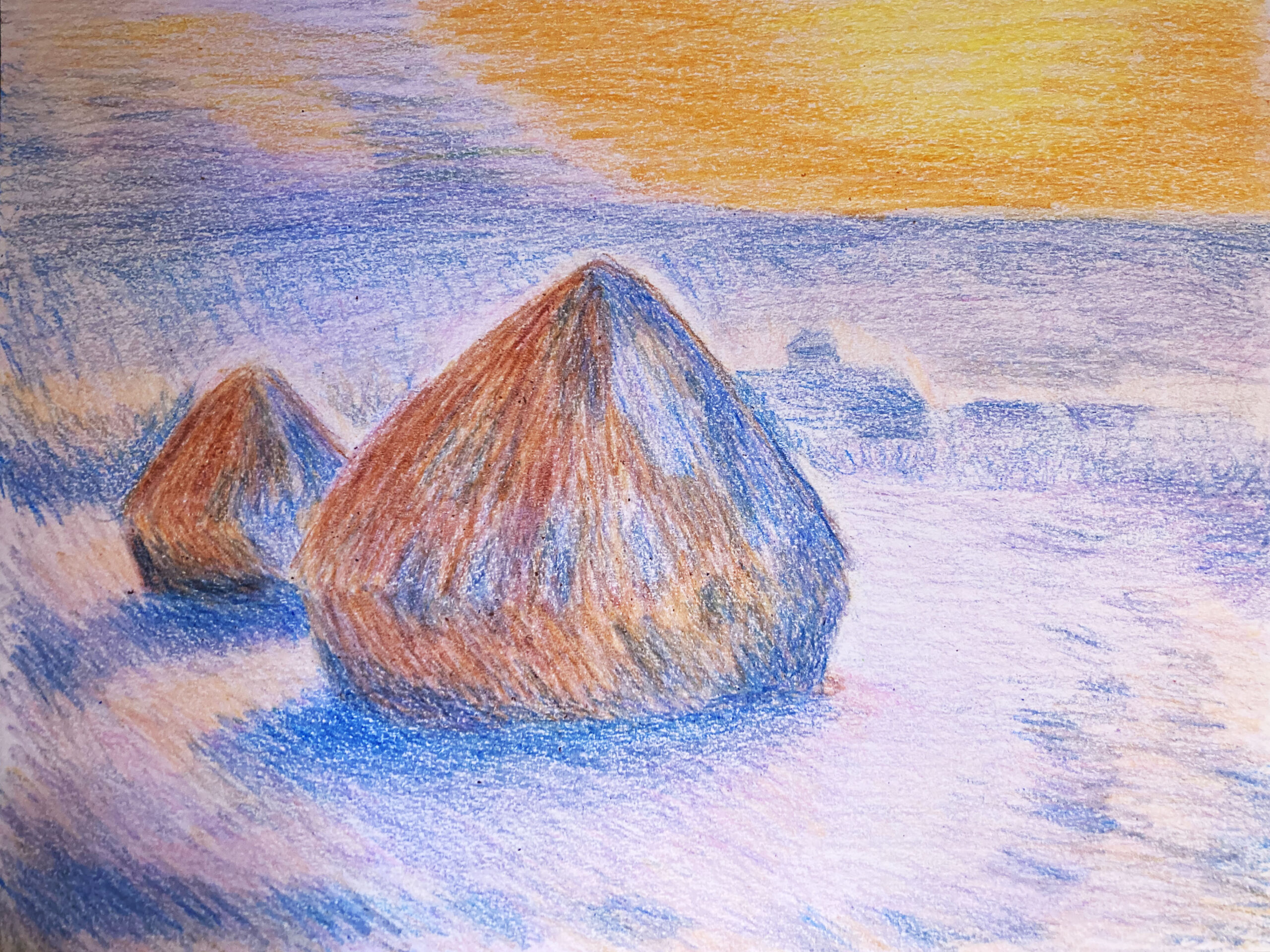 Create Art with Crayons: Monet's Haystacks at sunset, snow effect